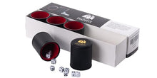 Load image into Gallery viewer, Professional Dice Cup Set β Five Red Felt-Lined Black Cups - Quality PU Leather - Includes 25 White Six-Sided Dot Die - Quiet Shaker for Yahtzee Bar Party Family Games