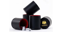 Load image into Gallery viewer, Professional Dice Cup Set β Five Red Felt-Lined Black Cups - Quality PU Leather - Includes 25 White Six-Sided Dot Die - Quiet Shaker for Yahtzee Bar Party Family Games