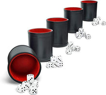 Load image into Gallery viewer, Professional Dice Cup Set β Five Red Felt-Lined Black Cups - Quality PU Leather - Includes 25 White Six-Sided Dot Die - Quiet Shaker for Yahtzee Bar Party Family Games