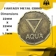 Load image into Gallery viewer, The Grinning Gargoyle DnD Metal Coins - Silver and Gold Coin Set - Fantasy Elementals 100 Coins for Board Games, Tokens, Cosplay - Realistic Fake Money Props Treasure with Coin Pouch (100 x 22mm)
