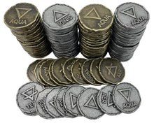 Load image into Gallery viewer, The Grinning Gargoyle DnD Metal Coins - Silver and Gold Coin Set - Fantasy Elementals 100 Coins for Board Games, Tokens, Cosplay - Realistic Fake Money Props Treasure with Coin Pouch (100 x 22mm)