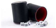 Load image into Gallery viewer, Professional Dice Cup Set – Five Red Felt-Lined Black Cups - Quality PU Leather - Includes 25 White Six-Sided Dot Die - Quiet Shaker for Yahtzee Bar Party Family Games
