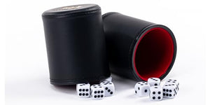 Professional Dice Cup Set – Five Red Felt-Lined Black Cups - Quality PU Leather - Includes 25 White Six-Sided Dot Die - Quiet Shaker for Yahtzee Bar Party Family Games