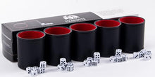 Load image into Gallery viewer, Professional Dice Cup Set – Five Red Felt-Lined Black Cups - Quality PU Leather - Includes 25 White Six-Sided Dot Die - Quiet Shaker for Yahtzee Bar Party Family Games

