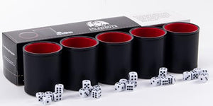 Professional Dice Cup Set – Five Red Felt-Lined Black Cups - Quality PU Leather - Includes 25 White Six-Sided Dot Die - Quiet Shaker for Yahtzee Bar Party Family Games