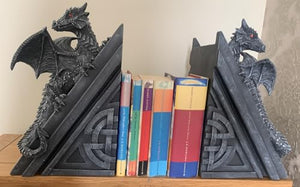 40cm Dragon Book Ends - Grey Resin Gothic Statue Shelf Decor