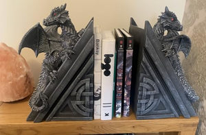 40cm Dragon Book Ends - Grey Resin Gothic Statue Shelf Decor
