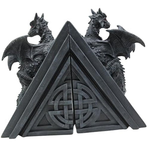 40cm Dragon Book Ends - Grey Resin Gothic Statue Shelf Decor