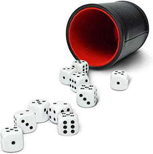 Professional Dice Cup Set – Five Red Felt-Lined Black Cups - Quality PU Leather - Includes 25 White Six-Sided Dot Die - Quiet Shaker for Yahtzee Bar Party Family Games