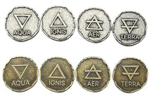 Load image into Gallery viewer, The Grinning Gargoyle DnD Metal Coins - Silver and Gold Coin Set - Fantasy Elementals 100 Coins for Board Games, Tokens, Cosplay - Realistic Fake Money Props Treasure with Coin Pouch (100 x 22mm)
