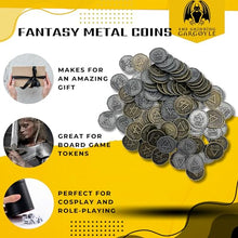 Load image into Gallery viewer, The Grinning Gargoyle DnD Metal Coins - Silver and Gold Coin Set - Fantasy Elementals 100 Coins for Board Games, Tokens, Cosplay - Realistic Fake Money Props Treasure with Coin Pouch (100 x 22mm)
