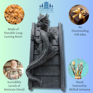 40cm Dragon Book Ends - Grey Resin Gothic Statue Shelf Decor